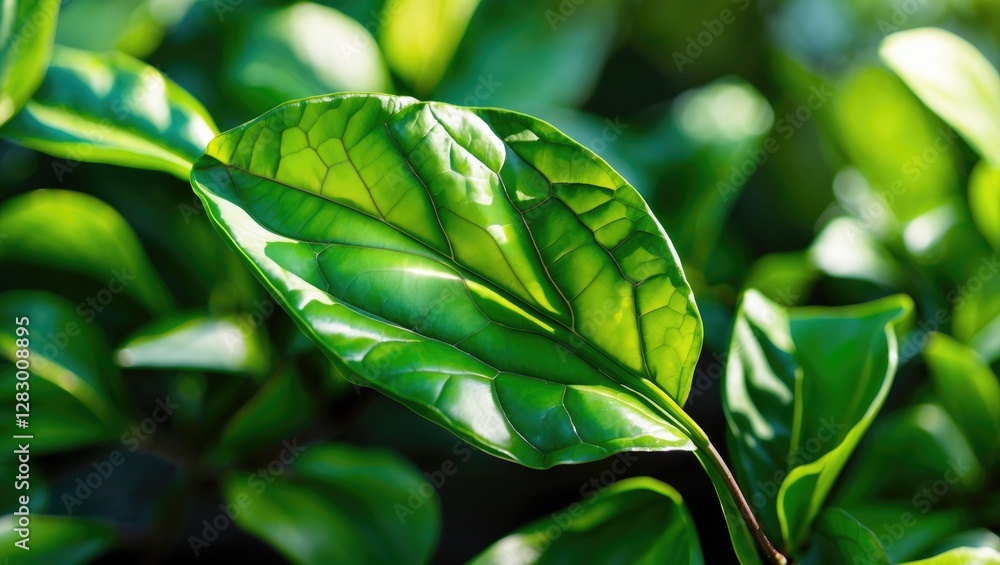 Poster close-up of fresh green leaves with intricate texture and sunlight illuminating their veins in a nat