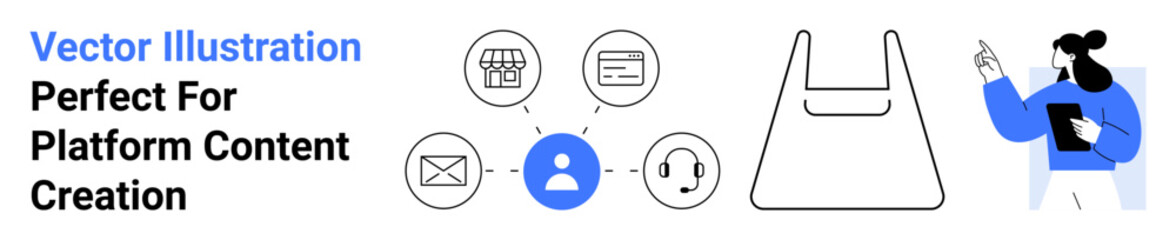 User icon in network with email, shopping, and support visuals, bag representation, person pointing to data. Ideal for marketing, e-commerce, communication, customer support analytics education