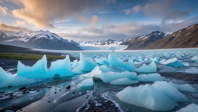 Glacial ice formations in a river surrounded by snow-capped mountains and cloudy sky during sunset in Iceland. - Powered by Adobe