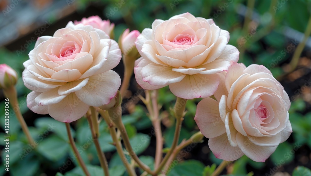 Aufkleber pink roses in bloom with soft petals and green foliage in the background natural garden setting high