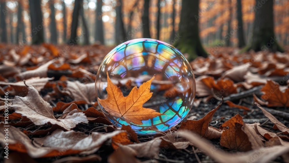 Poster Autumn scene with colorful soap bubble resting on fallen leaves in a forest setting with blurred trees in the background