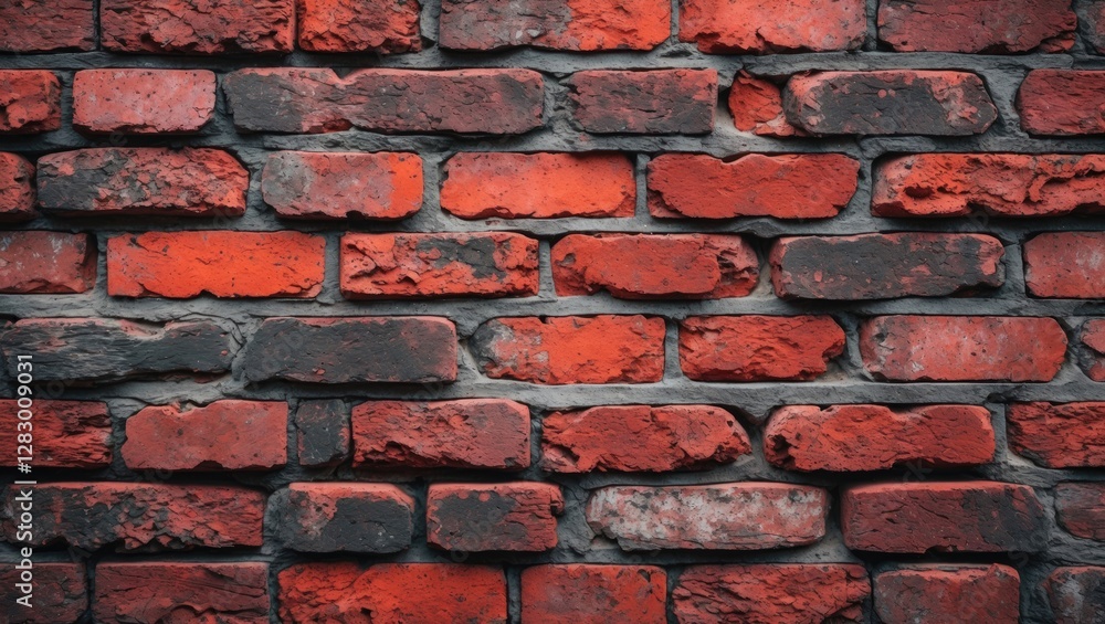 Poster red and gray brick wall texture close up with uneven surfaces and varying brick sizes in urban setti