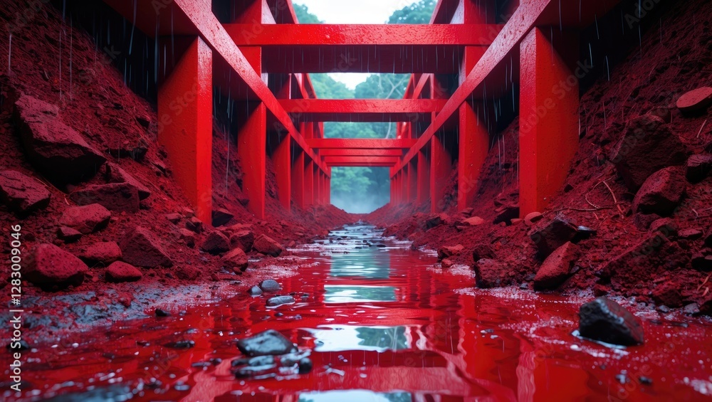 Poster red architectural structure over wet ground with reflected colors and rain in a natural setting. vib