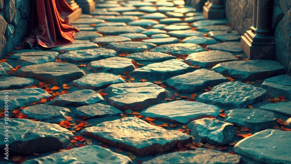Poster stone pathway adorned with autumn leaves under soft lighting in a historic setting