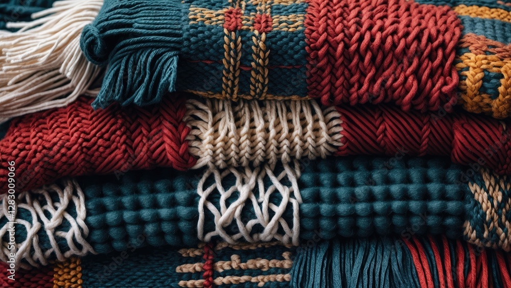 Poster Colorful woven blankets stacked in a cozy arrangement showcasing intricate patterns and textures in warm tones