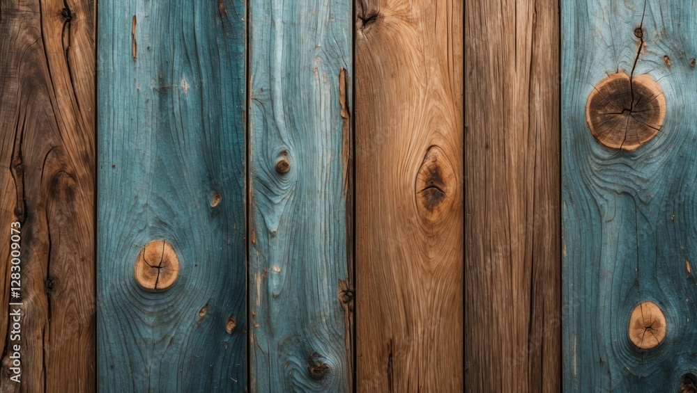 Poster wooden planks texture in blue and brown hues with natural patterns and knots suitable for background