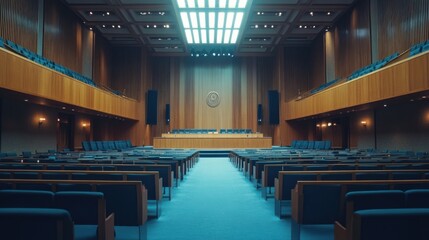A legislative hall with modern seating and expansive space. Featuring inclusivity and democracy