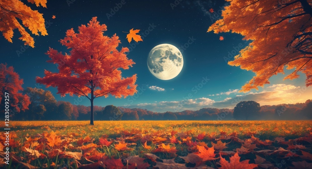 Poster autumn landscape with vibrant trees and a large moon in the sky creating a serene and magical mood a
