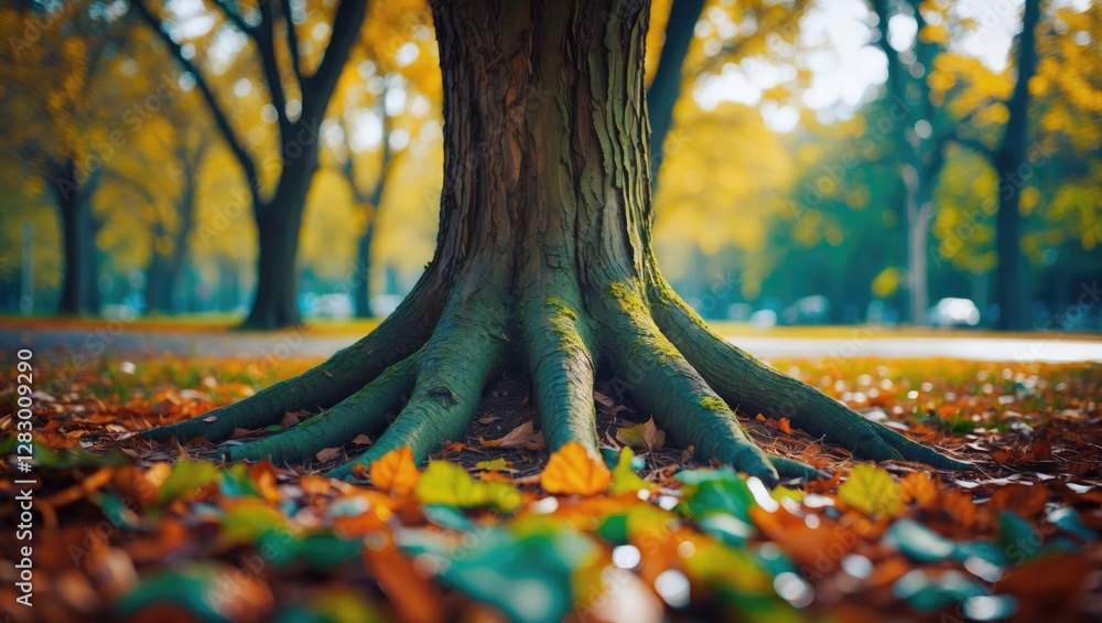 Poster Autumn scene featuring a large tree trunk with expansive roots surrounded by fallen leaves and greenery in a park setting