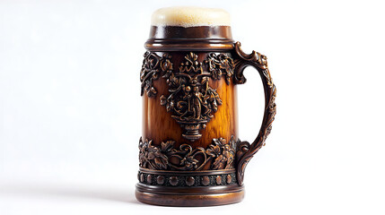 A mug with a floral design sits on a white background