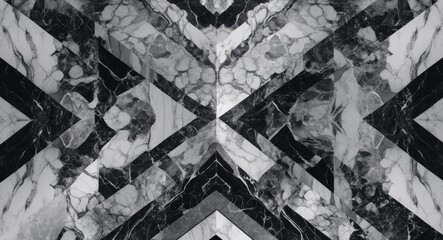 Black and white geometric patterned marble texture with angular shapes and varied veining design in a symmetrical layout