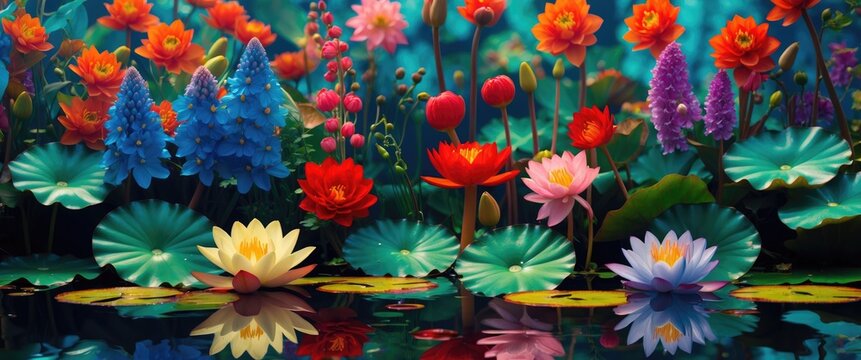 Vibrant floral arrangement featuring aquilegia, nasturtium, and water lilies reflecting in tranquil water background.