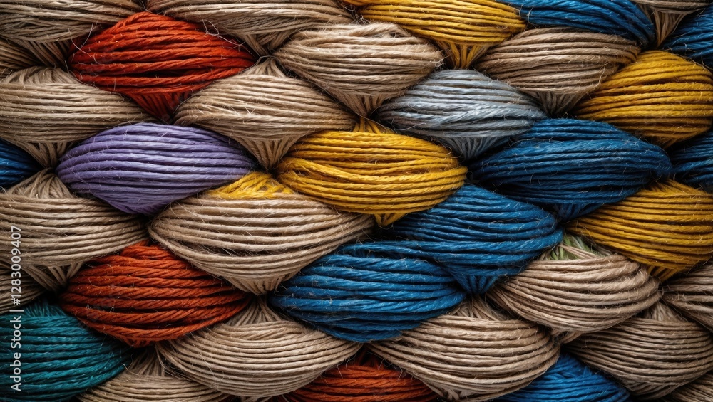 Poster Colorful woven threads in a textured pattern creating a visually striking background of yarn and fibers