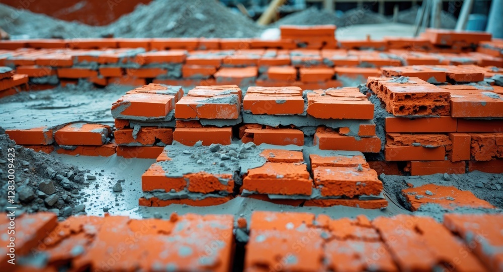 Poster brickwork in construction site with orange bricks and mortar mix on the ground, close-up view highli