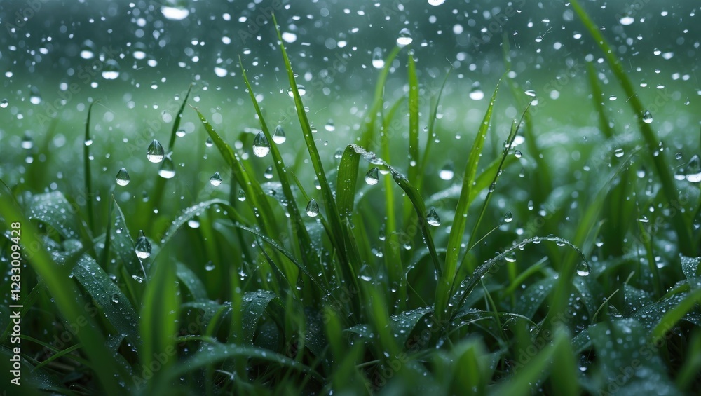 Aufkleber lush green grass covered in water droplets creating a serene and refreshing natural background suita