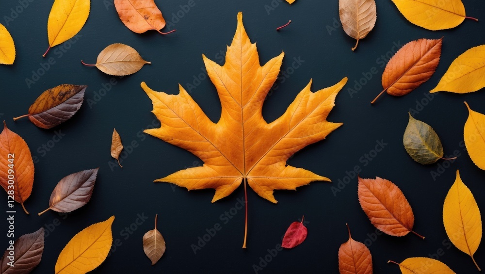 Poster autumn leaves arranged on a dark background with space for text creating a seasonal and natural aest