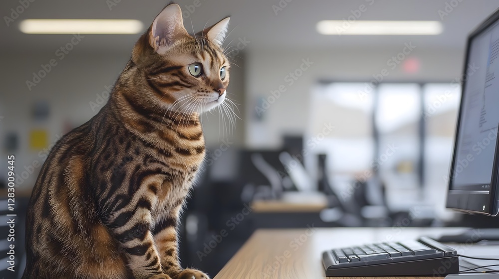 Poster close up shot of a curious tabby cat perched on a desk intently observing the computer screen in a m