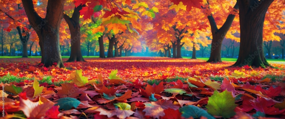 Poster vibrant autumn landscape with colorful maple trees and fallen leaves in a tranquil park setting duri