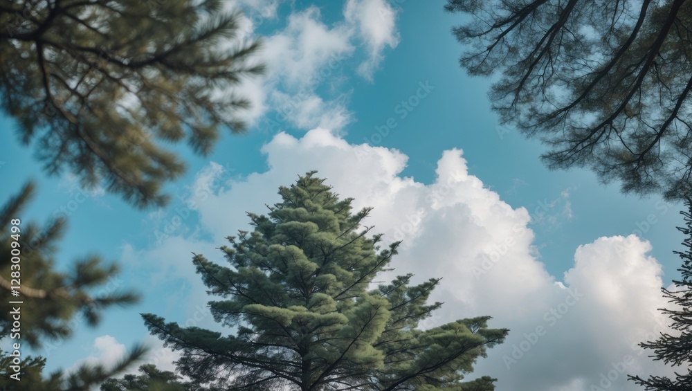 Poster tall evergreen trees against a blue sky with fluffy white clouds viewed from a low angle in a forest