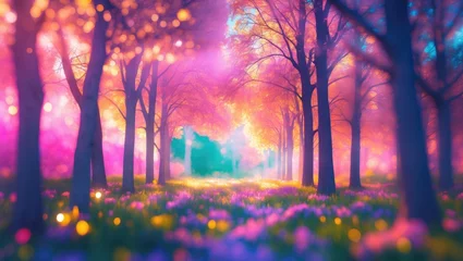 Fototapeten Vibrant forest landscape with colorful trees and flowers under soft sunlight and dreamy atmosphere © AImmersive Imagery