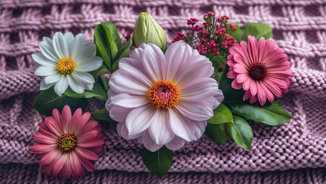 Fototapeta Floral arrangement of colorful flowers on a textured knitted fabric background creating a cozy and vibrant aesthetic.