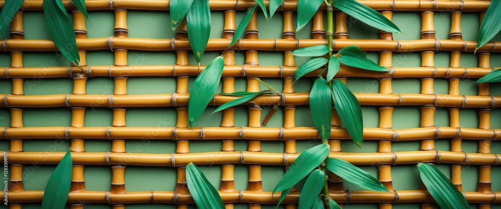 Poster bamboo weave texture with green leaves creating a natural pattern suitable for backgrounds and desig