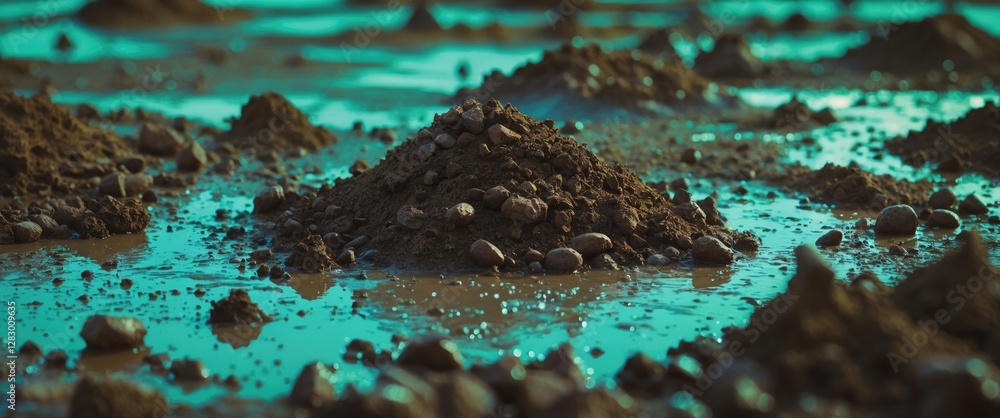 Aufkleber soil mounds with scattered stones in wet ground under ambient lighting with focus on textures and pa