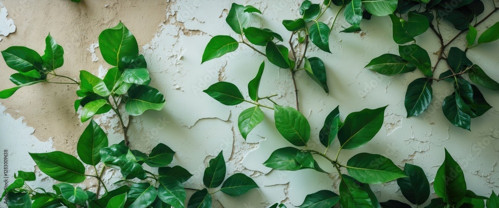 Poster green leaves against a textured wall with peeling paint creating a natural and rustic background env