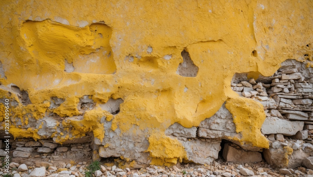 Aufkleber Textured and weathered yellow wall with peeling paint and exposed stonework in a rustic setting.