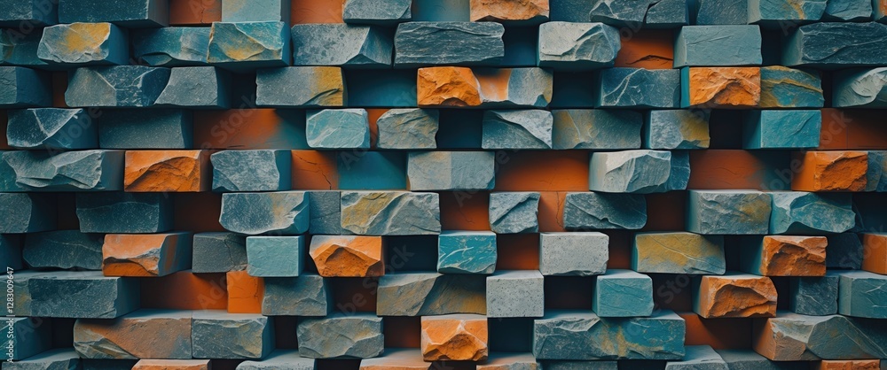 Poster textured wall of stacked stone blocks in various shades of blue and orange arranged in a geometric p