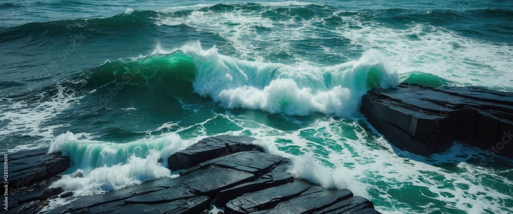 Poster ocean waves crashing on dark rocks creating foam and contrasting with deep green seawater under a cl