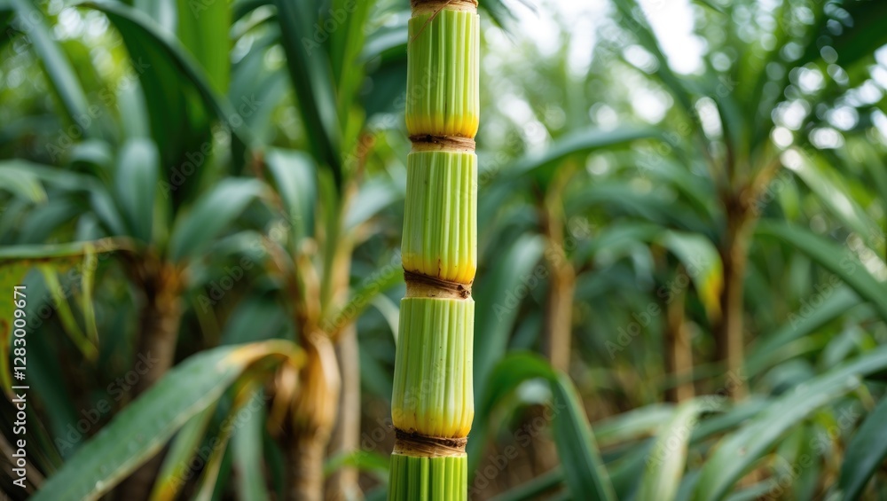 Poster close-up view of sugarcane stalks in a lush agricultural field with green leaves in the background