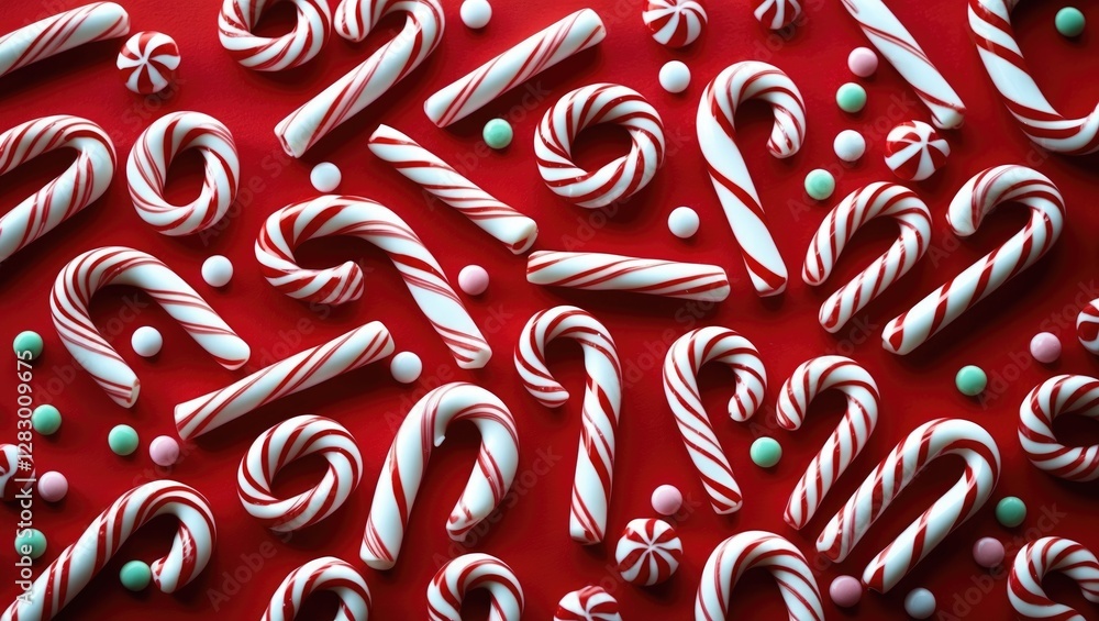 Poster red background with various candy canes and mint candies arranged in a festive pattern for holiday c