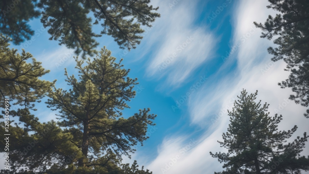 Poster pine tree tops against a blue sky with wispy white clouds in a tranquil forest atmosphere