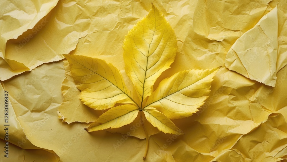 Poster Yellow leaf on crumpled yellow paper background highlighting texture and color contrast in a minimalist composition