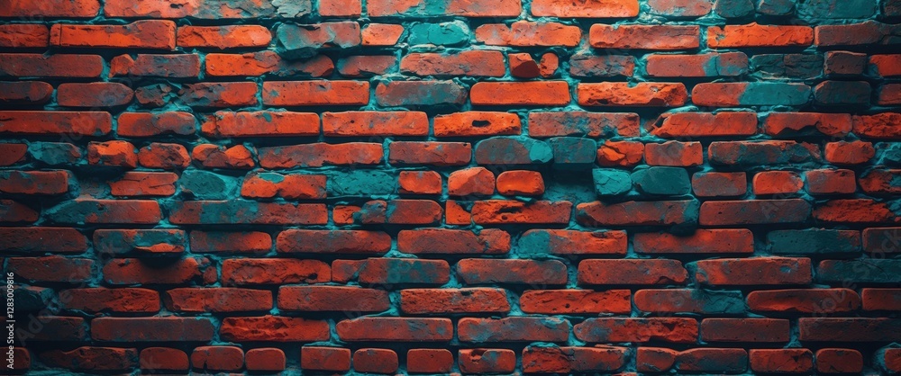 Poster textured red brick wall with uneven surface and varying shades of color in contemporary urban style 