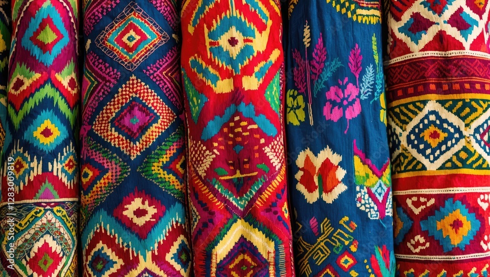 Poster colorful traditional textile patterns in vibrant hues arranged vertically showcasing intricate desig