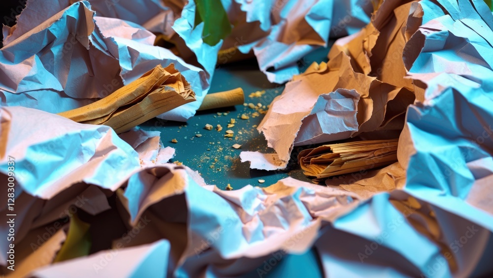 Poster Crumpled colorful paper with scattered pieces on blue surface creating a textured abstract background composition