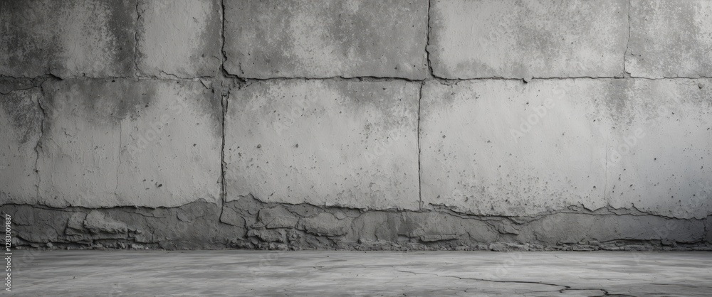 Poster Gray concrete wall with texture and cracks in empty room natural light shadow on floor