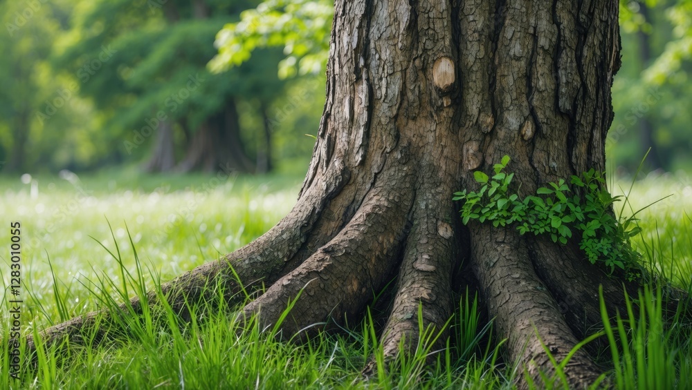 Poster close-up of tree trunk with visible roots surrounded by green grass and leafy plants in a natural ou