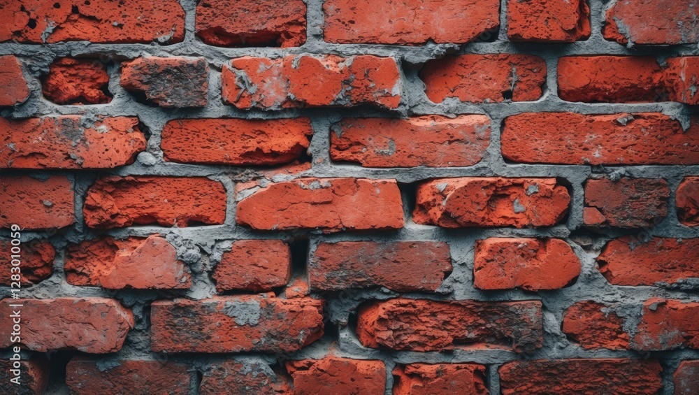 Poster Textured red brick wall with variations in color and mortar highlighted in a detailed close-up perspective.