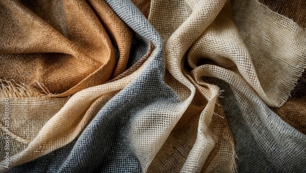 Aufkleber Textured fabric in various earth tones with woven patterns arranged in a dynamic composition showcasing depth and softness of textile fibers