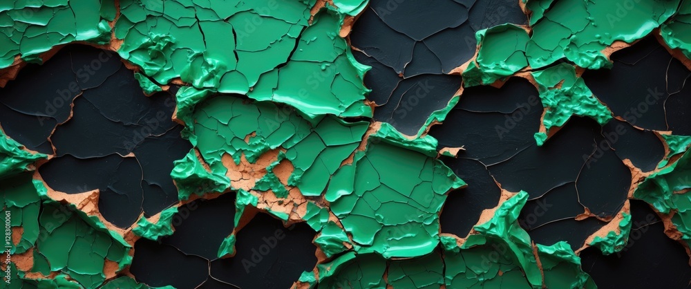 Poster abstract close-up of peeling paint in green and black colors revealing brown background texture. hig