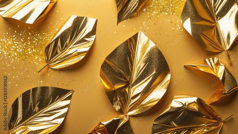 Poster golden foil leaf texture with sparkling effects on a metallic background. abstract design for templa