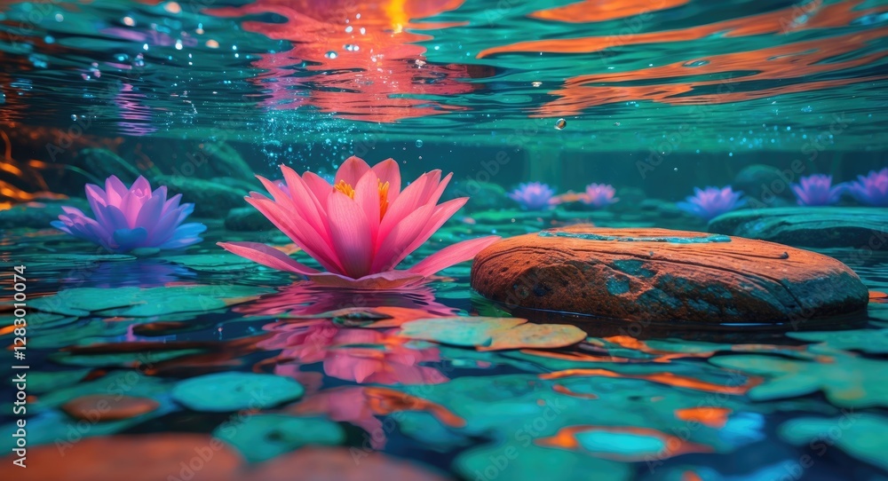 Poster underwater scene with pink water lilies and colorful lily pads surrounded by rocks in a tranquil pon