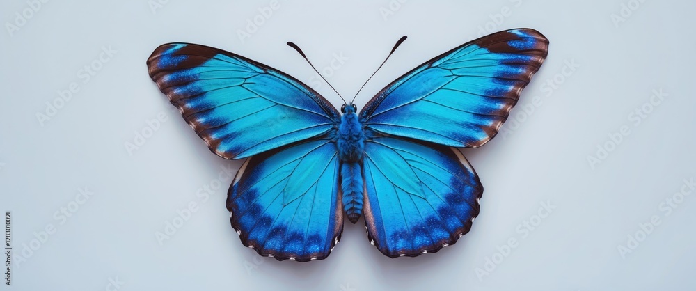 Poster vibrant blue butterfly displaying lower wing profile isolated on a clean white background showcasing