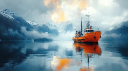 Fishing boat on the sea with mountains in the background. Digital painting.