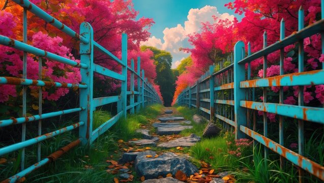 Vibrant garden pathway with colorful flowers and blue metal fence under a clear sky on a sunny day