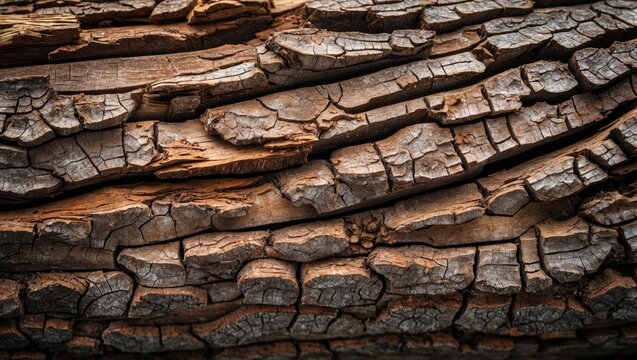 Close-up view of textured old wood with intricate cracks highlighting the natural patterns and rustic charm of a tree trunk surface.