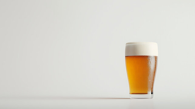 A glass of beer is sitting on a white table